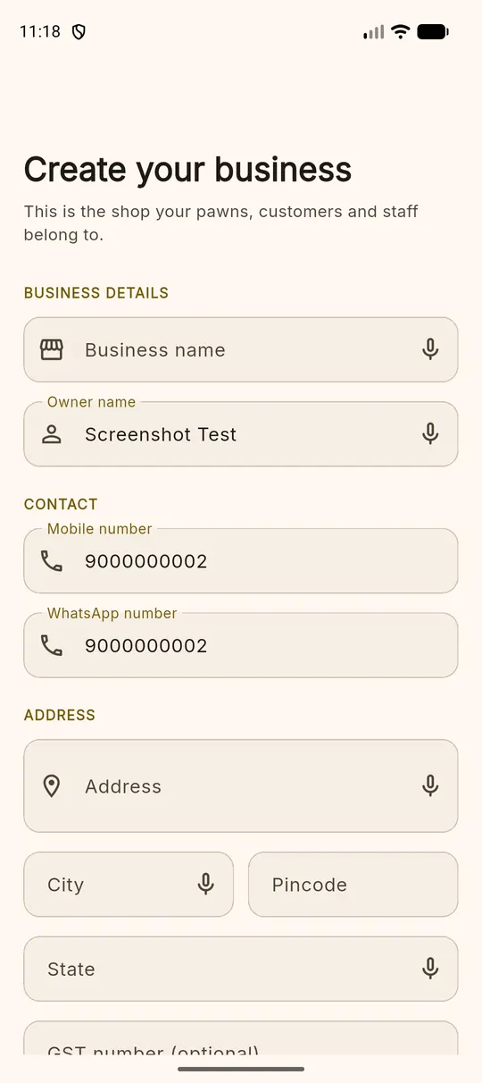 The create your business screen with business details, contact and address sections