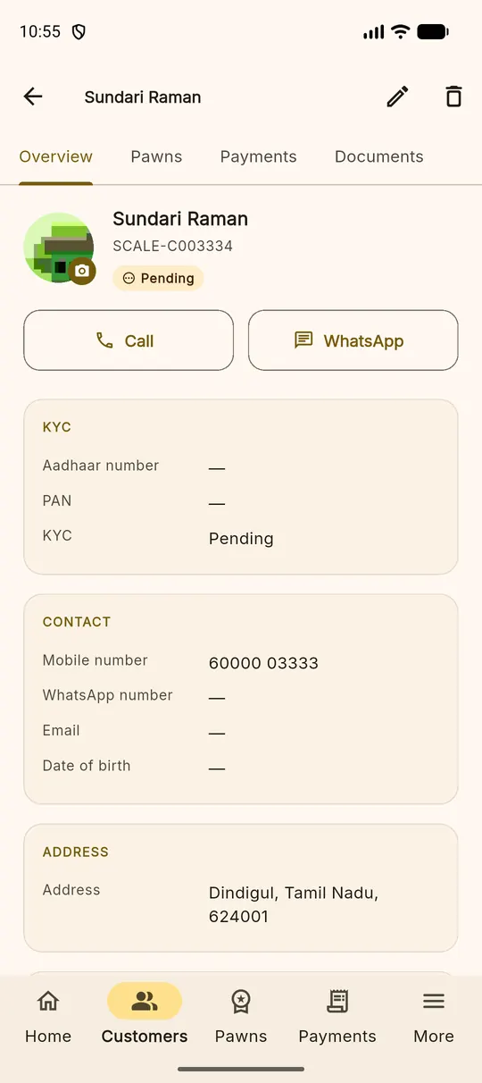A customer page showing contact details and tabs for overview, pawns, payments and documents