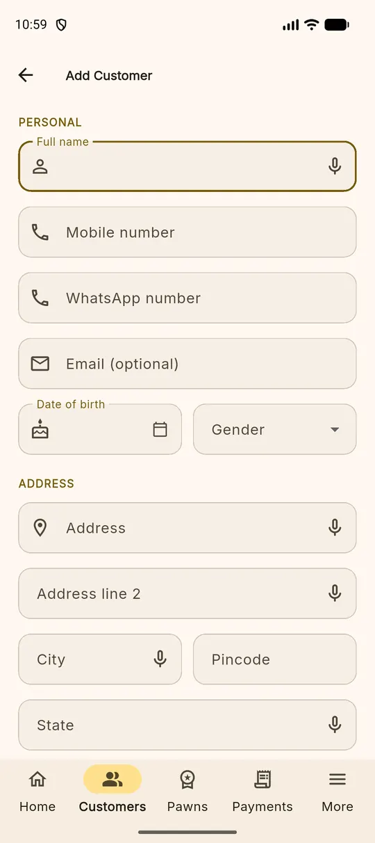 The add customer form showing personal and address sections