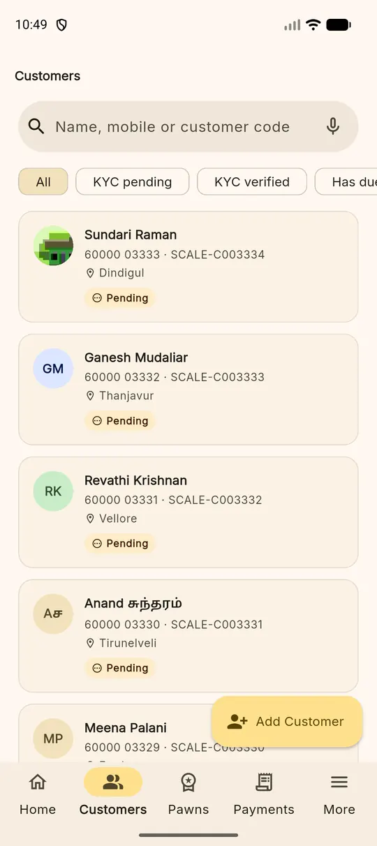 The customers list with a search box and customer cards showing city and loan counts