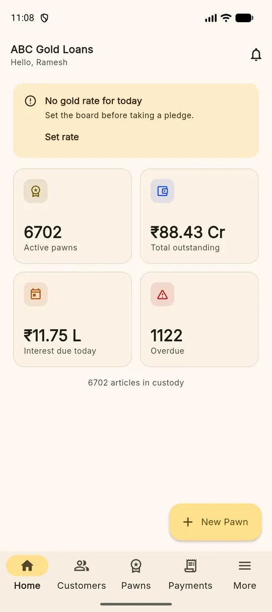 The dashboard showing active pawns, total outstanding, interest due today and overdue