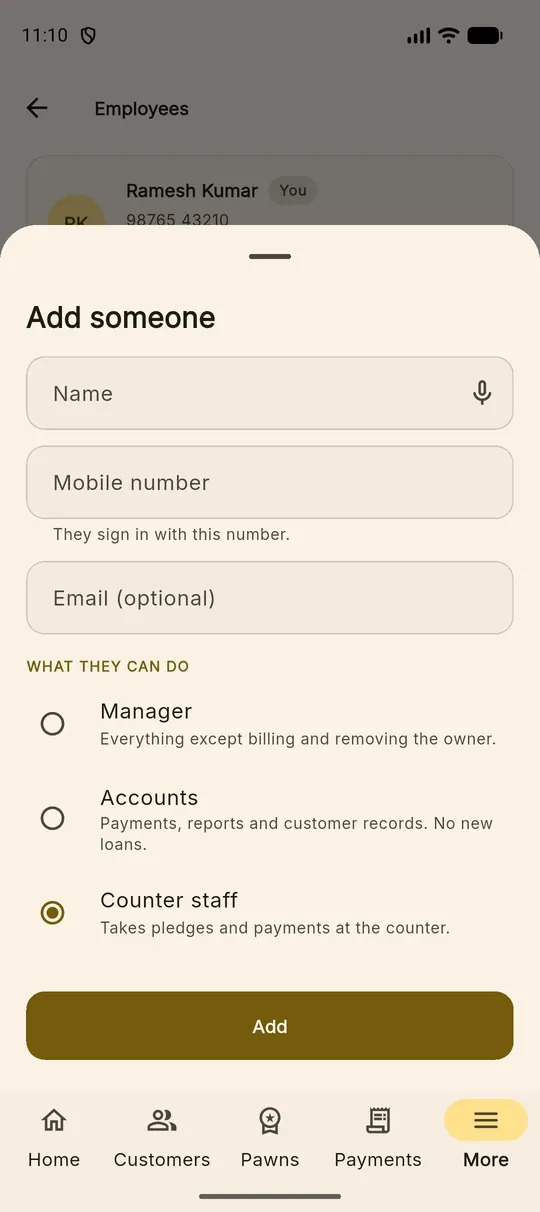 The add someone sheet with name, mobile, email and the three role options