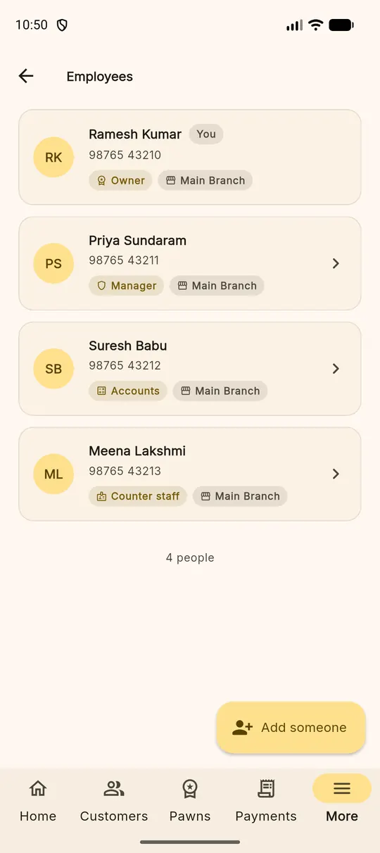 The employees list showing four people with their roles and branches