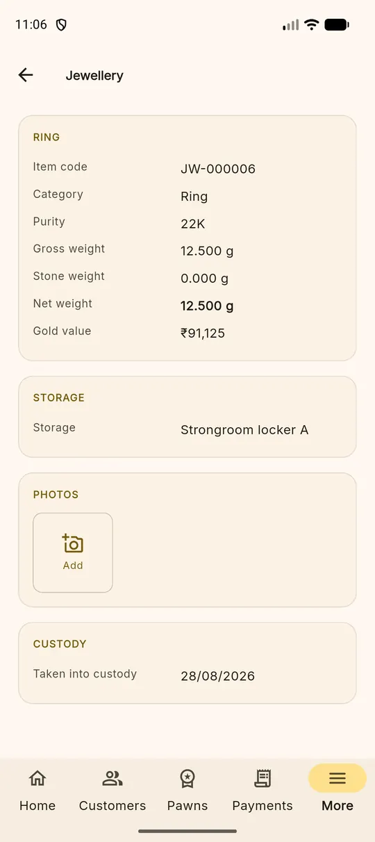 An article page showing item code, category, purity, weights, gold value, storage and custody