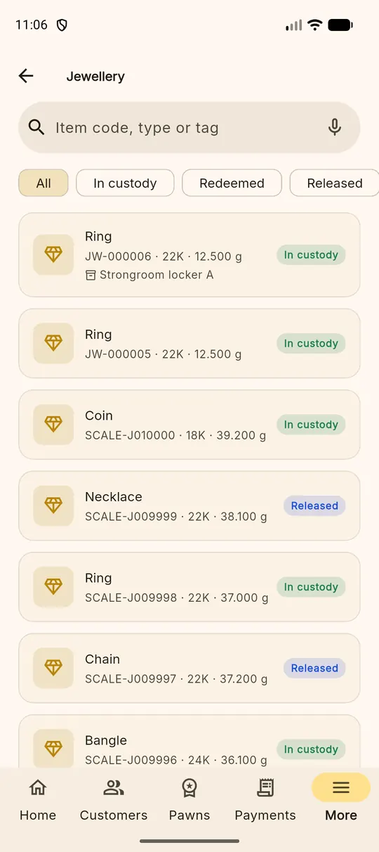 The jewellery inventory with status filters and article cards