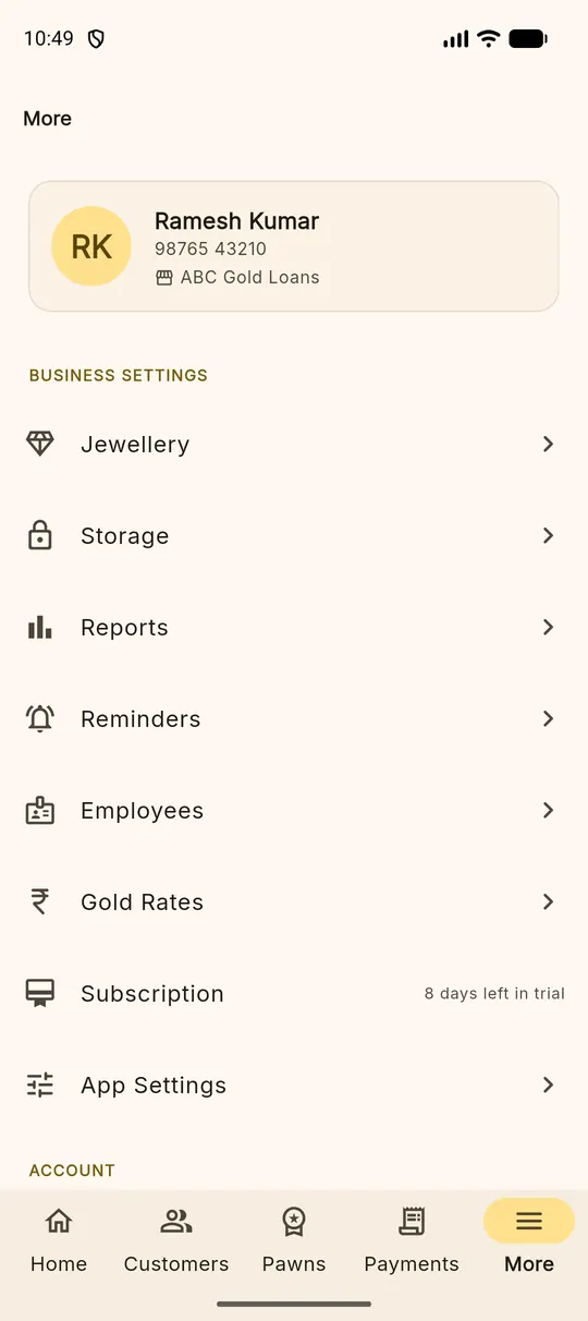 The More menu listing jewellery, storage, reports, reminders, employees, gold rates, subscription and app settings