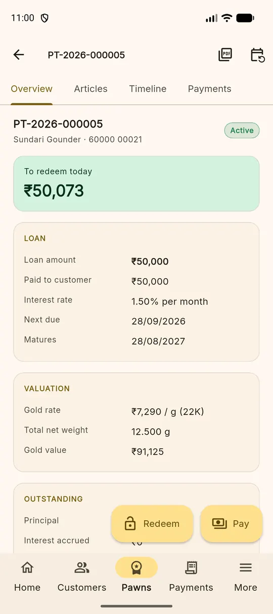 A pledge detail screen showing principal, interest accrued and total due