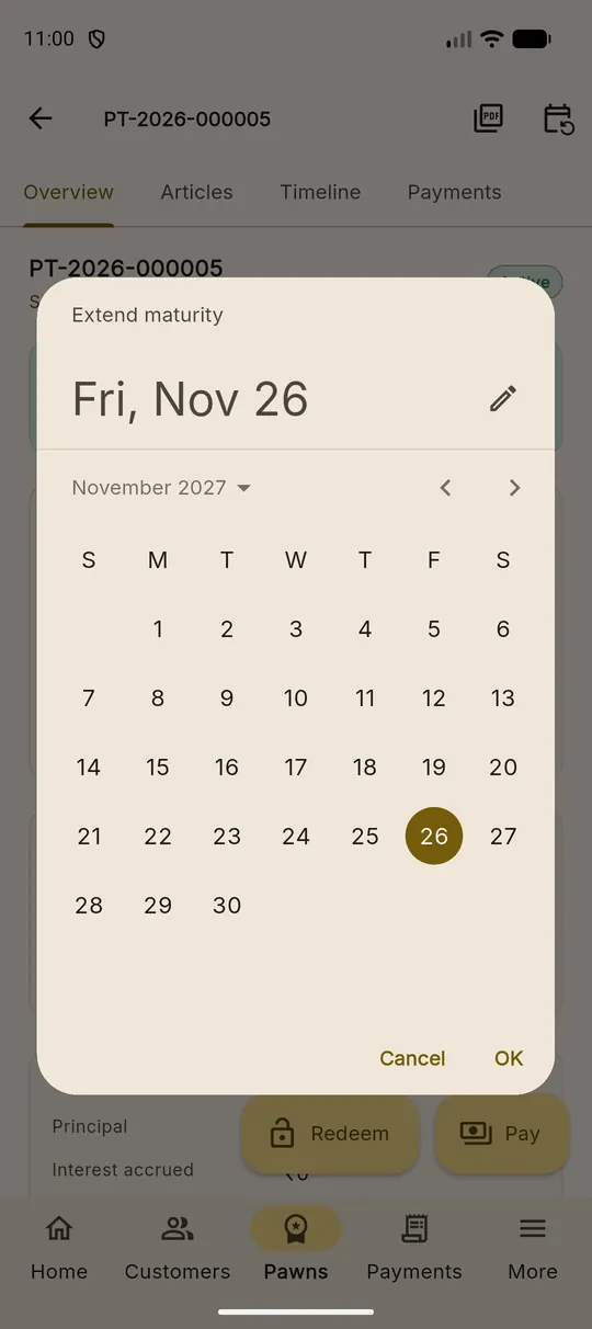 The extend maturity date picker on a loan