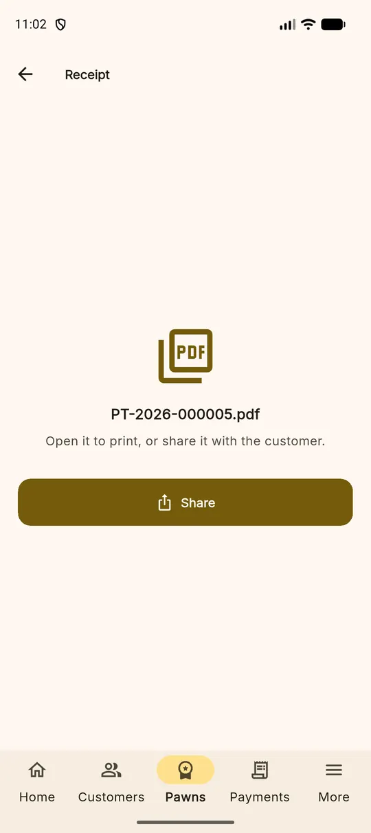 The pledge receipt screen offering to share a PDF