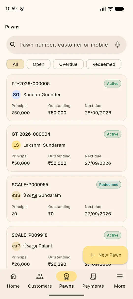 Pawns list in the PawnEasy Pro Android app showing loan numbers, customers, principal and status