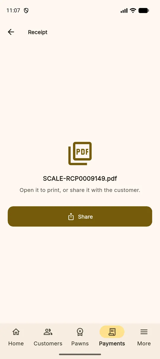 அடகு கடை app-இல் கட்டண ரசீது PDF — அச்சிடவும் பகிரவும் தயார்
