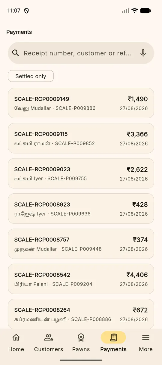 The payments list showing receipt numbers, customers, amounts and dates