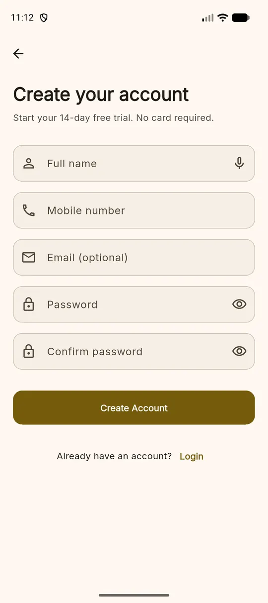The create account screen asking for full name, mobile number, email and password