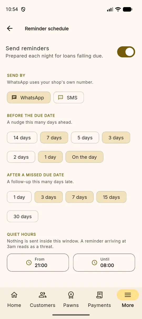 The reminder schedule with channel chips, before and after day chips and quiet hours