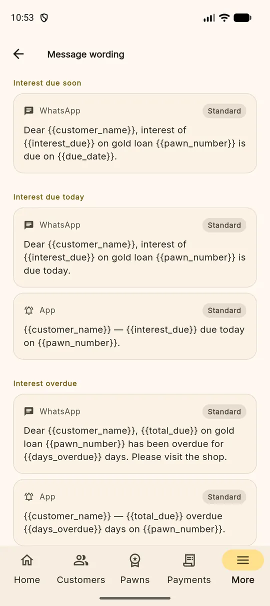 The message wording screen showing WhatsApp templates for interest due and overdue