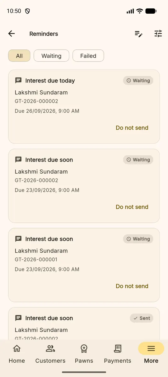 The reminders screen with filters for queued and sent messages