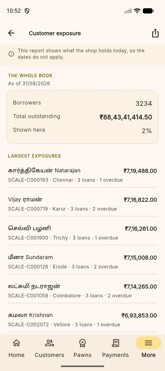 The customer exposure report listing borrowers by amount outstanding with loan and overdue counts