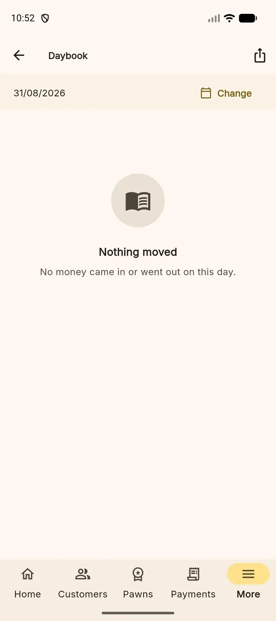 The daybook report for a single day with lent, collected and redeemed totals