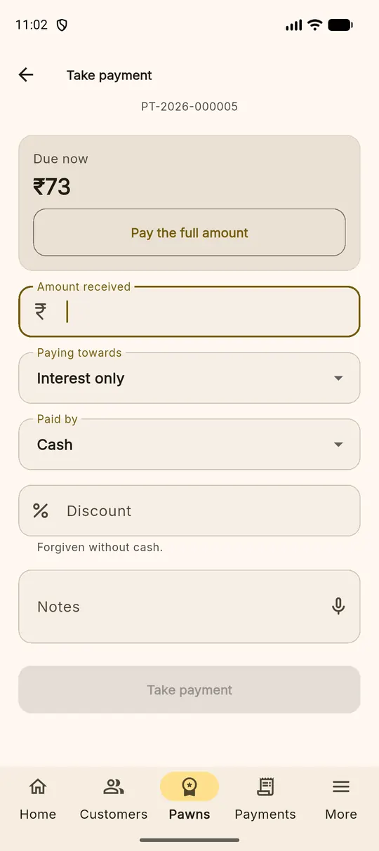 The take payment screen showing due now, amount received, paying towards, paid by and discount