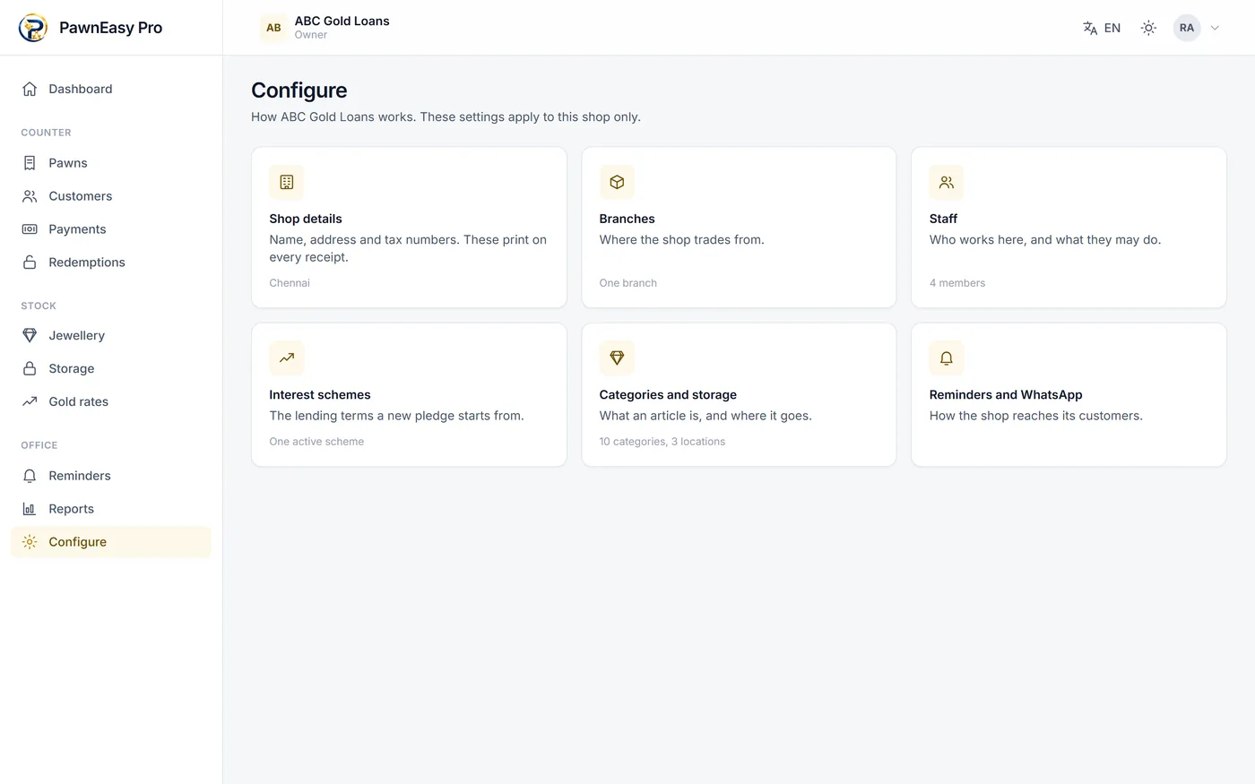 Configuring branches, schemes and shop settings in the PawnEasy Pro web portal