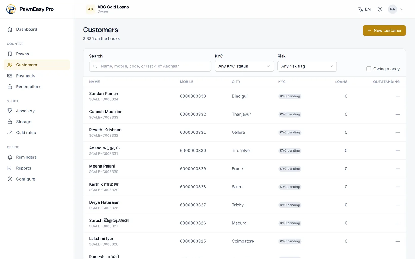 The customer list in the PawnEasy Pro web portal with names, mobile numbers, customer codes and outstanding amounts