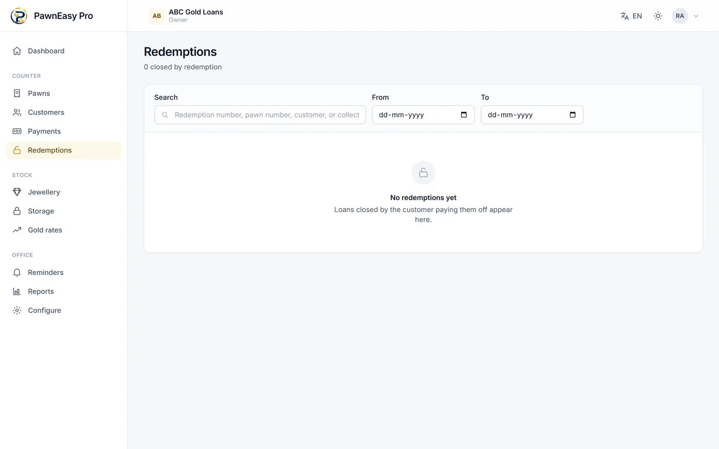 Redemptions view in the PawnEasy Pro web portal listing closed gold loans and released articles