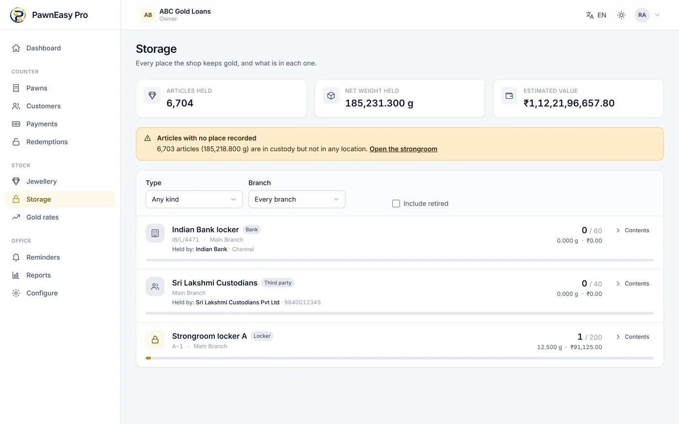 The strongroom screen in the PawnEasy Pro web portal listing lockers with item counts, weights and capacity