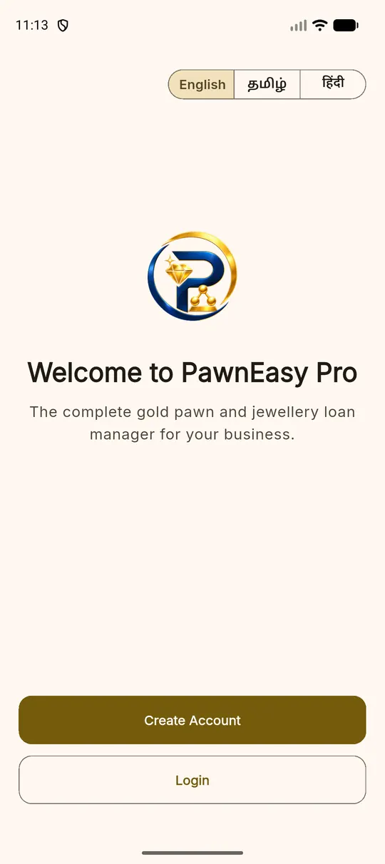 The PawnEasy Pro welcome screen with a language switch and Create Account and Login buttons