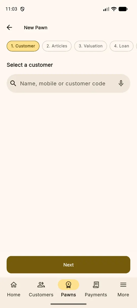 Step 1 of the wizard asking to search for a customer by name or mobile number