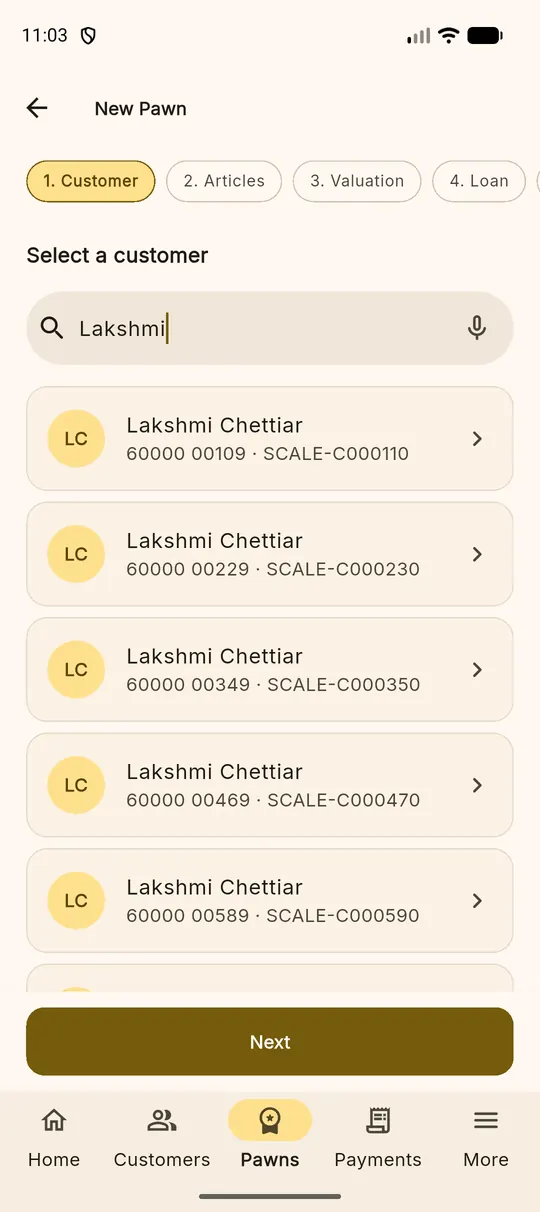 Search results listing matching customers with their city and customer code