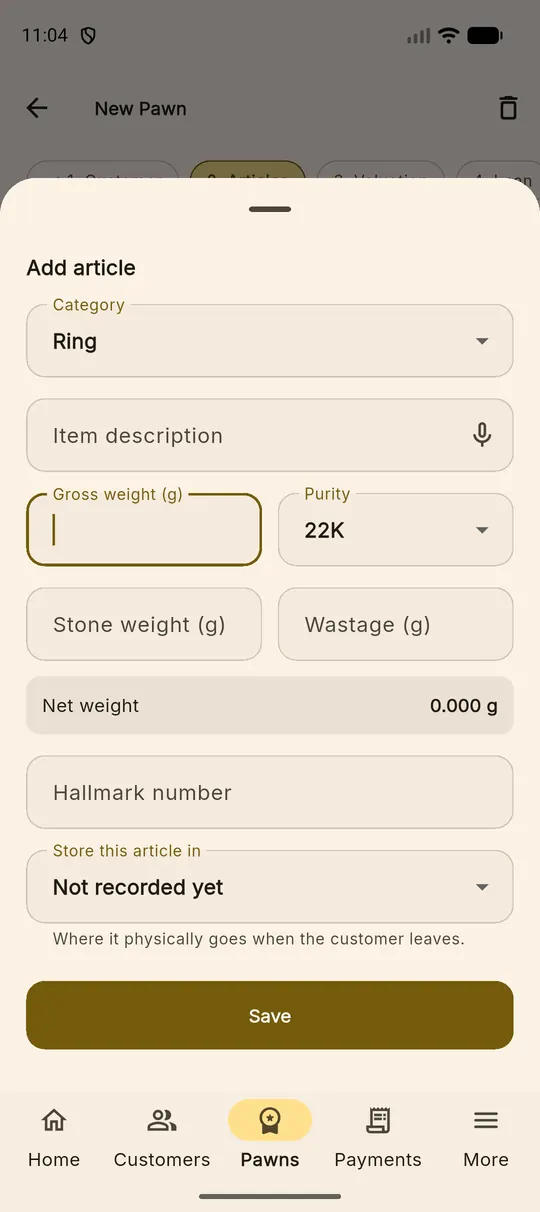 The add article sheet with category, description, gross weight, purity, stone weight, wastage and net weight