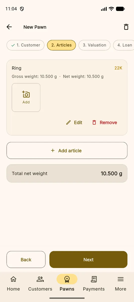 Step 2 showing one article added with its weight and value