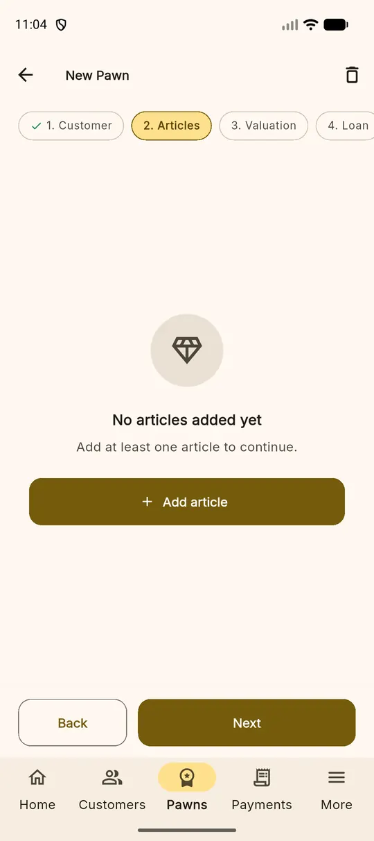Step 2 of the wizard with no articles yet and an add article button