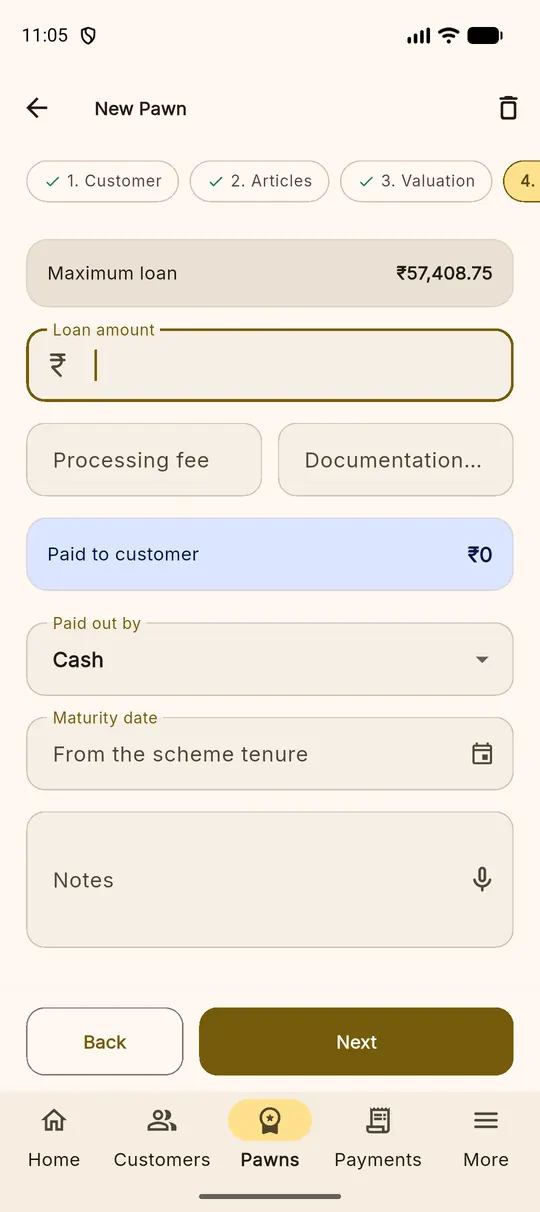 Step 4 showing maximum loan, loan amount, fees, paid to customer, payout method and maturity date