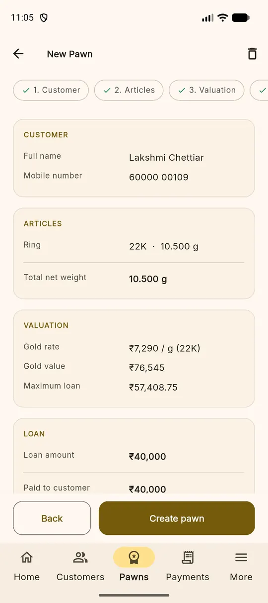 The review step of the pledge wizard listing customer, articles, valuation and loan